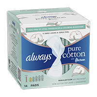 Always Pure Cotton Feminine Pads, size 1 reg w/wings unscented