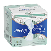 Always Pure Cotton Feminine Pads, size 2 Hvy Flow w/wings unscented